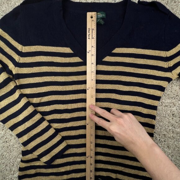Lauren Ralph Lauren Women’s Sweater Large Navy Blue Gold Striped Shiny Pullover - Picture 2 of 12